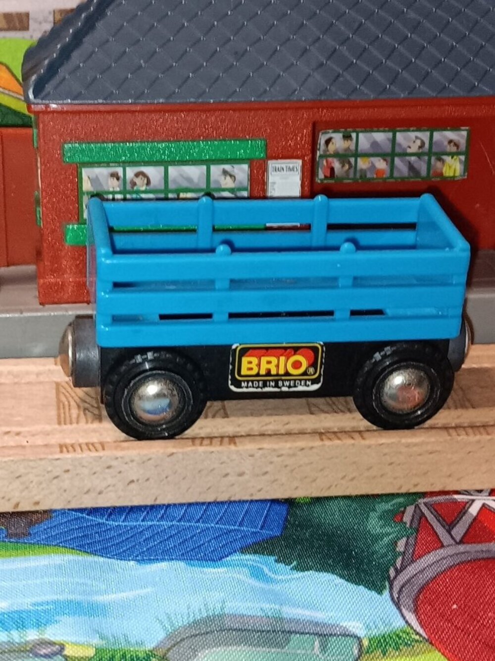 Brio Wooden Railway Train Track Load and Carry Cattle Car Blue